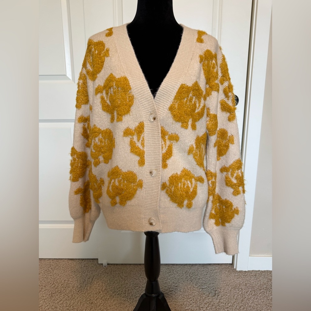 Mystree Cream Cardigan with Mustard Floral Texture